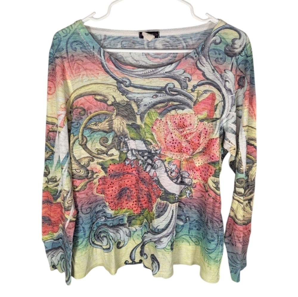 Y2K Cocomo Woman sequin beaded boho graphic floral long sleeve top size 1x